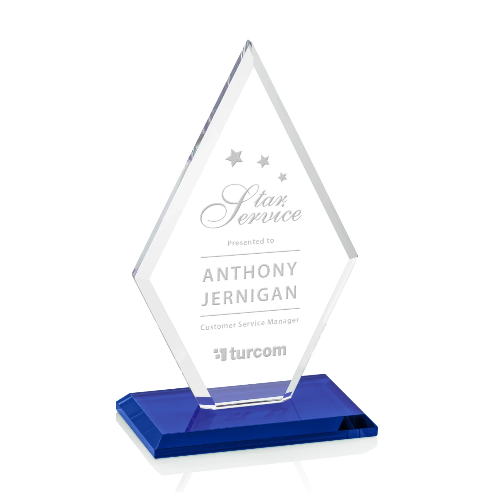 Personalized Starfire Crystal Diamond Award in a Beveled Frame for dealer and partner awards
