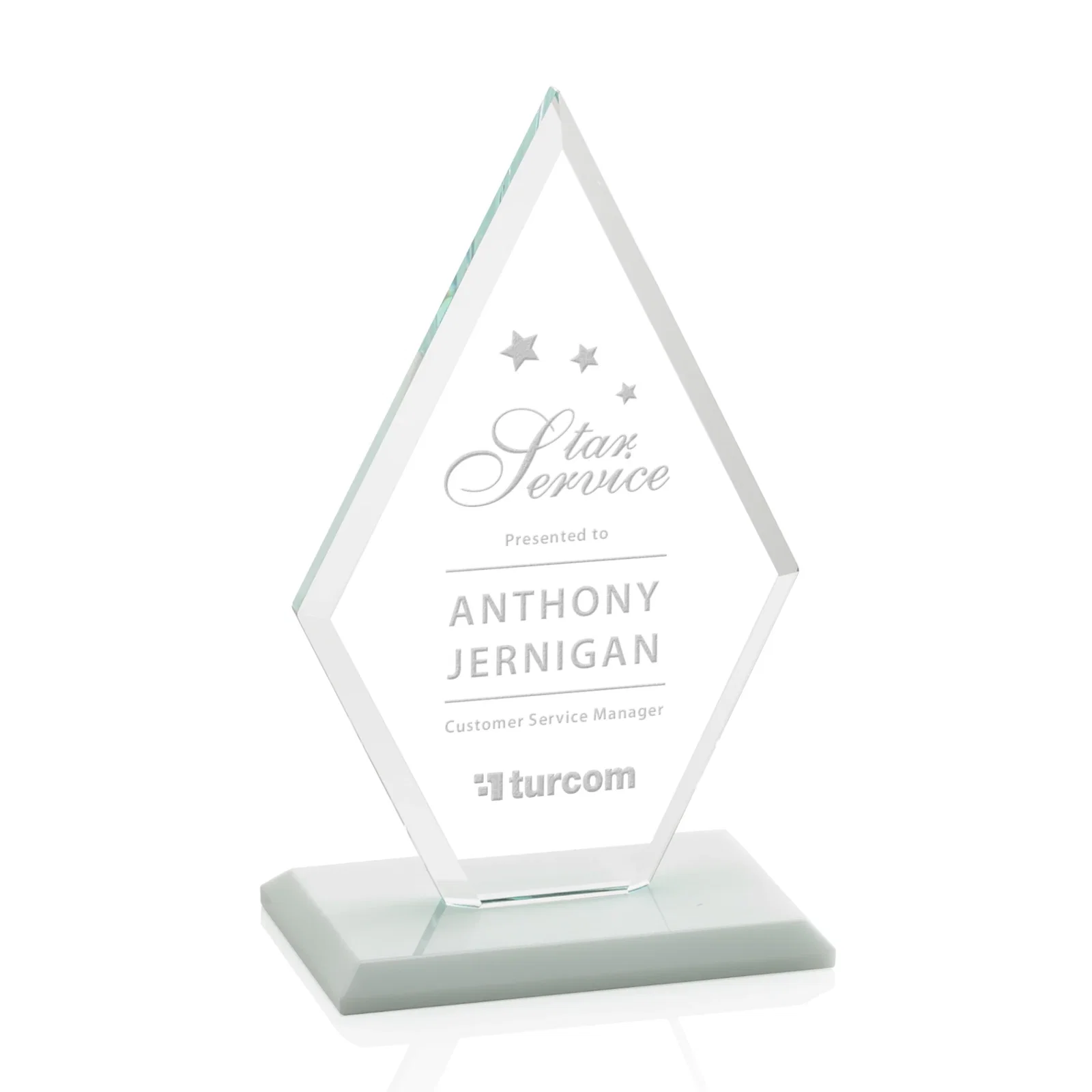 Custom Starfire Crystal Diamond Award in a Beveled Frame for service anniversary gifts