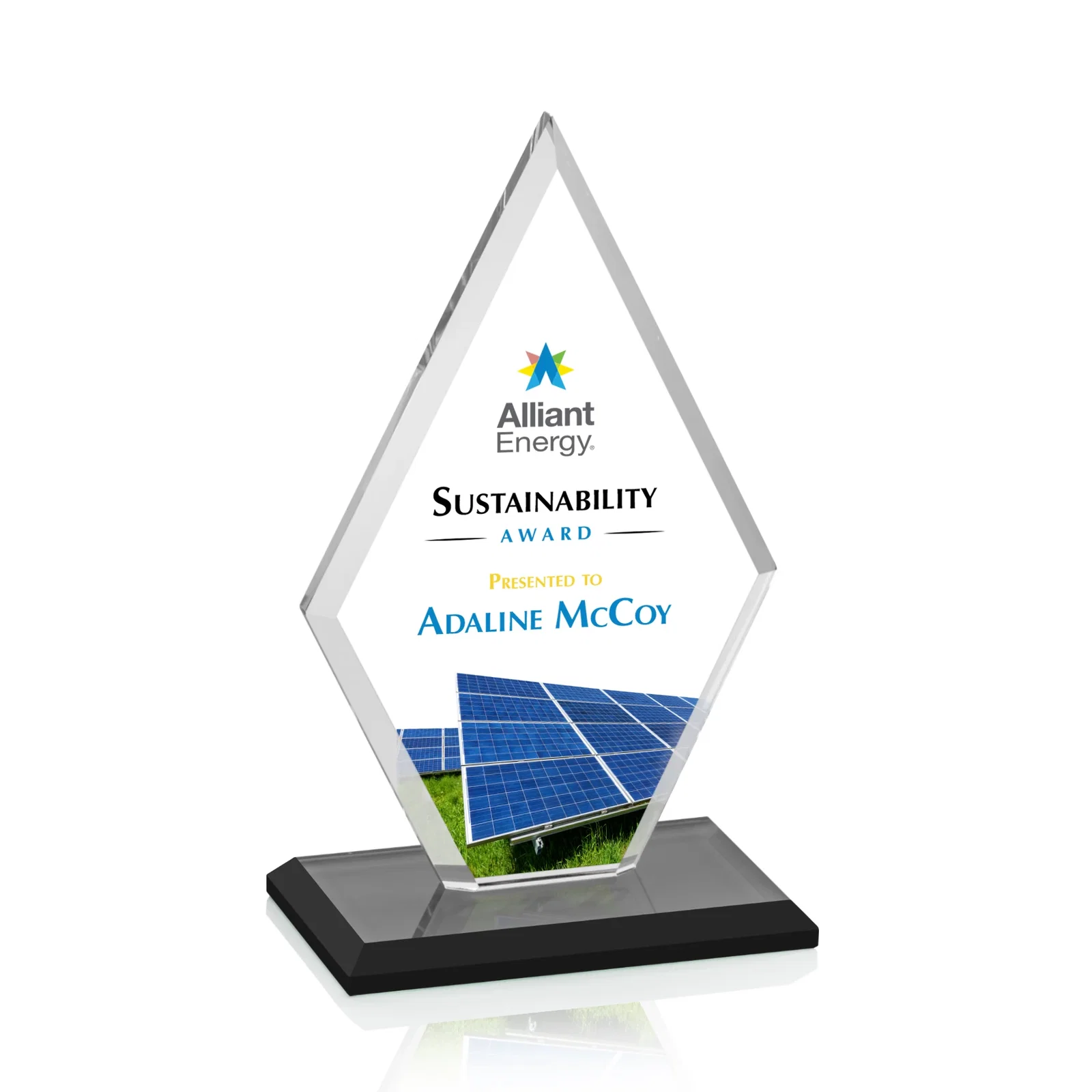 Custom printed Starfire Crystal Diamond Award in a Beveled Frame for corporate award ceremonies
