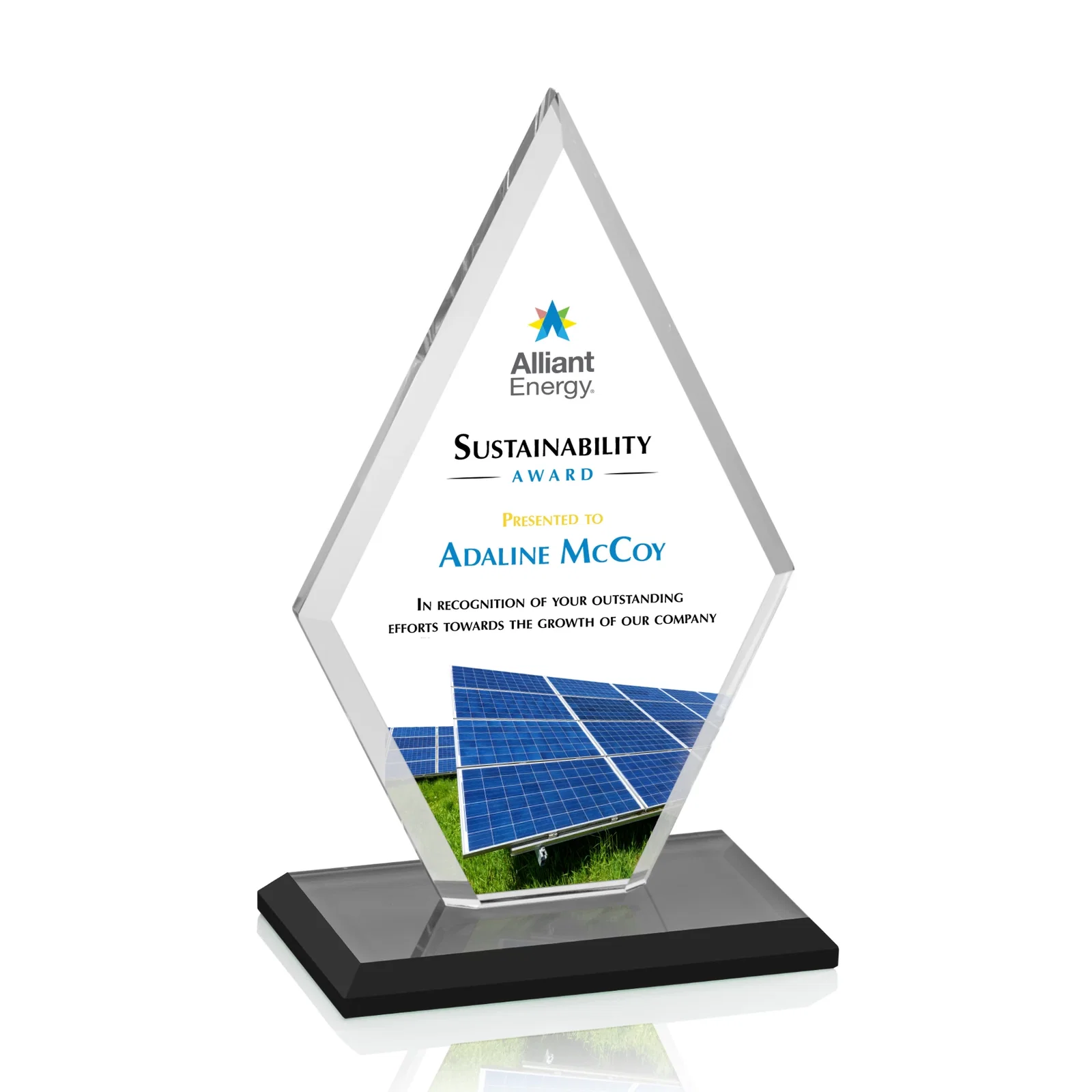 Custom printed Starfire Crystal Diamond Award in a Beveled Frame for service anniversary gifts