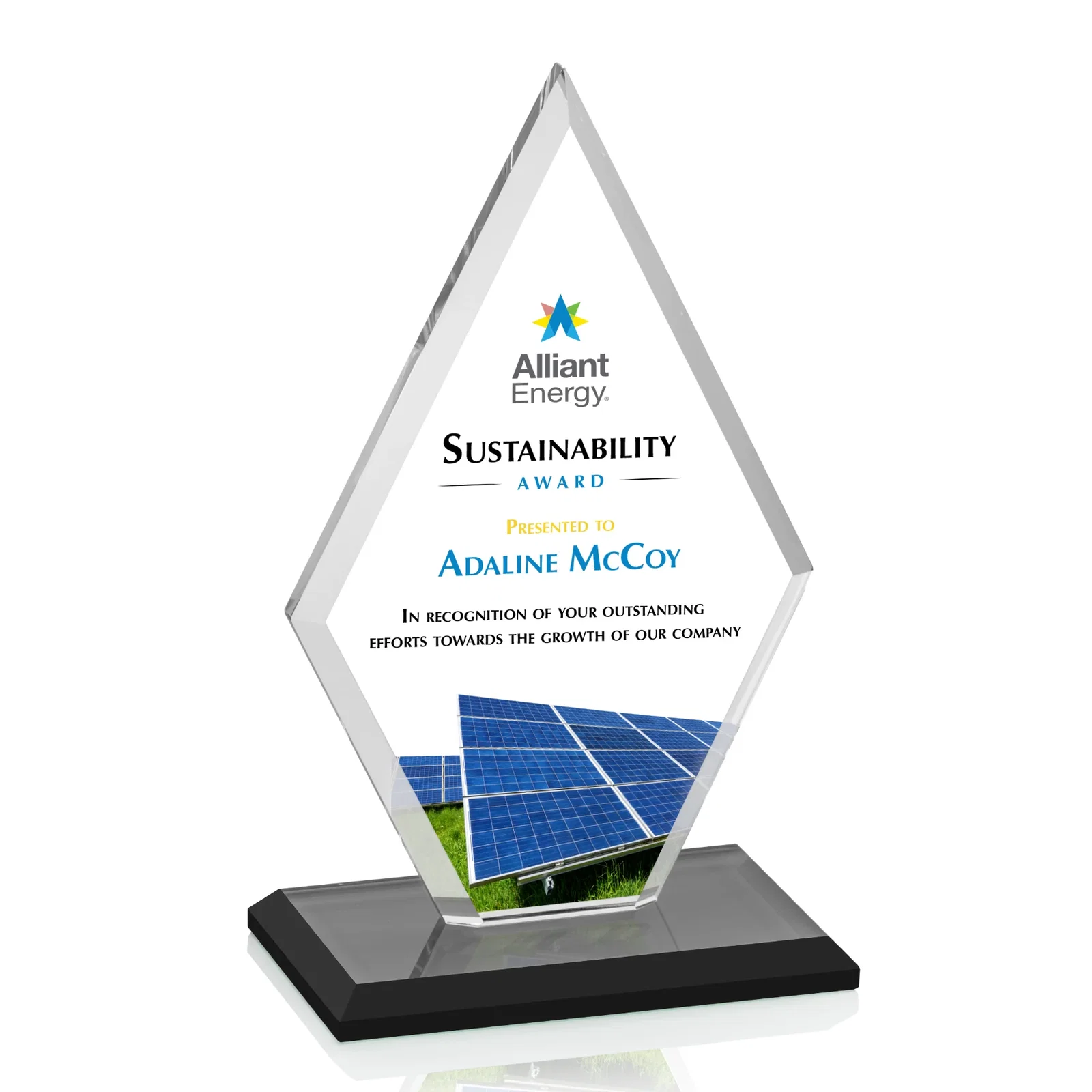 Custom printed Starfire Crystal Diamond Award in a Beveled Frame for sales achievement awards