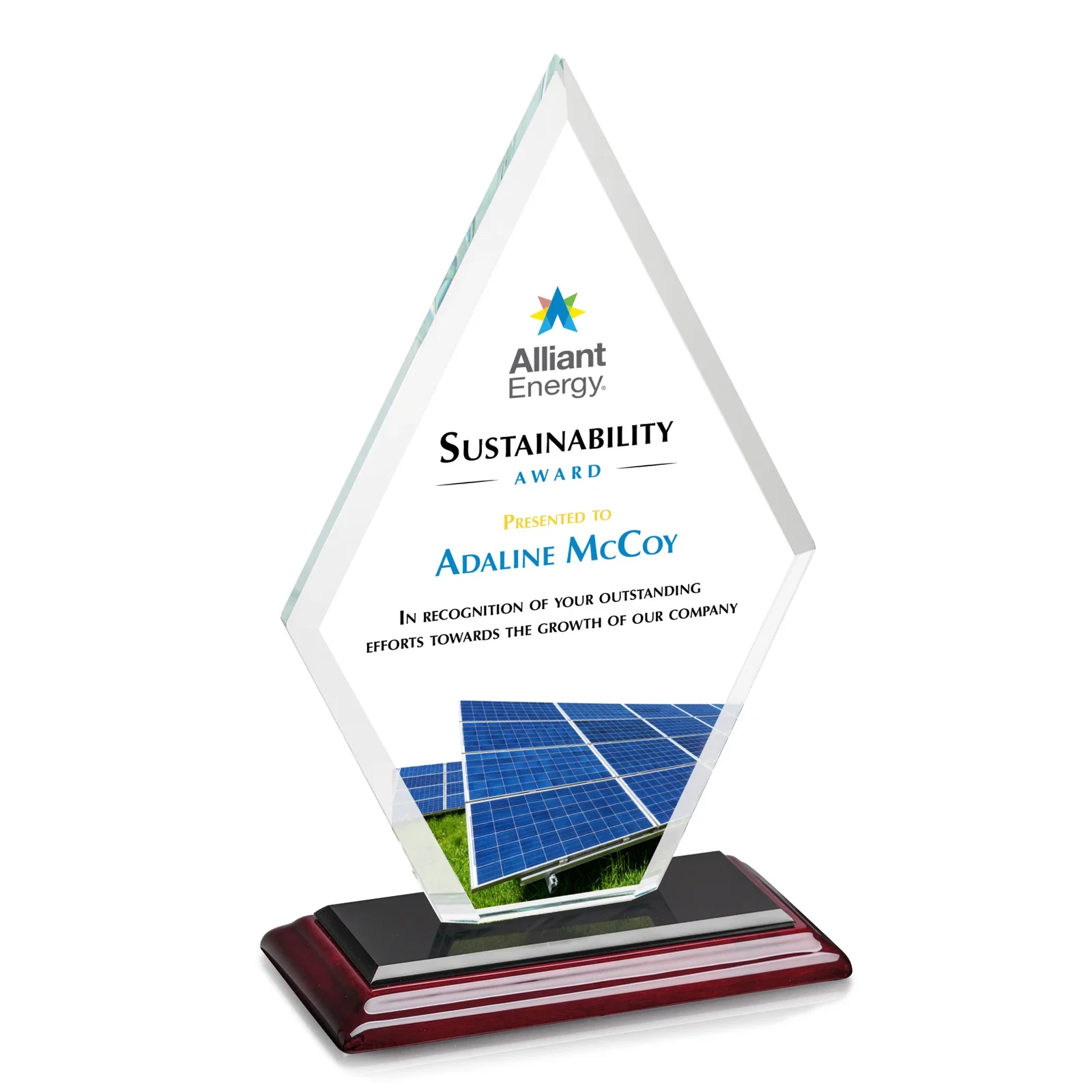 Custom printed Starfire Crystal Diamond Award in a Beveled Frame for company anniversary events