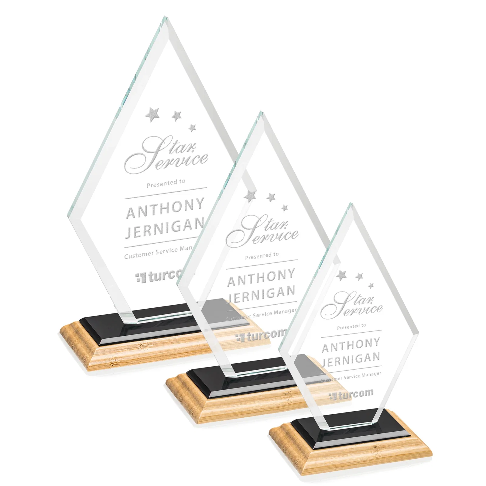 Custom engraved Starfire Crystal Diamond Award in a Beveled Frame for employee recognition