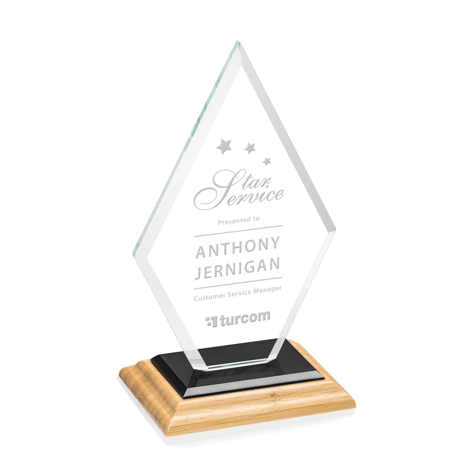 Custom engraved Starfire Crystal Diamond Award in a Beveled Frame for corporate award ceremonies