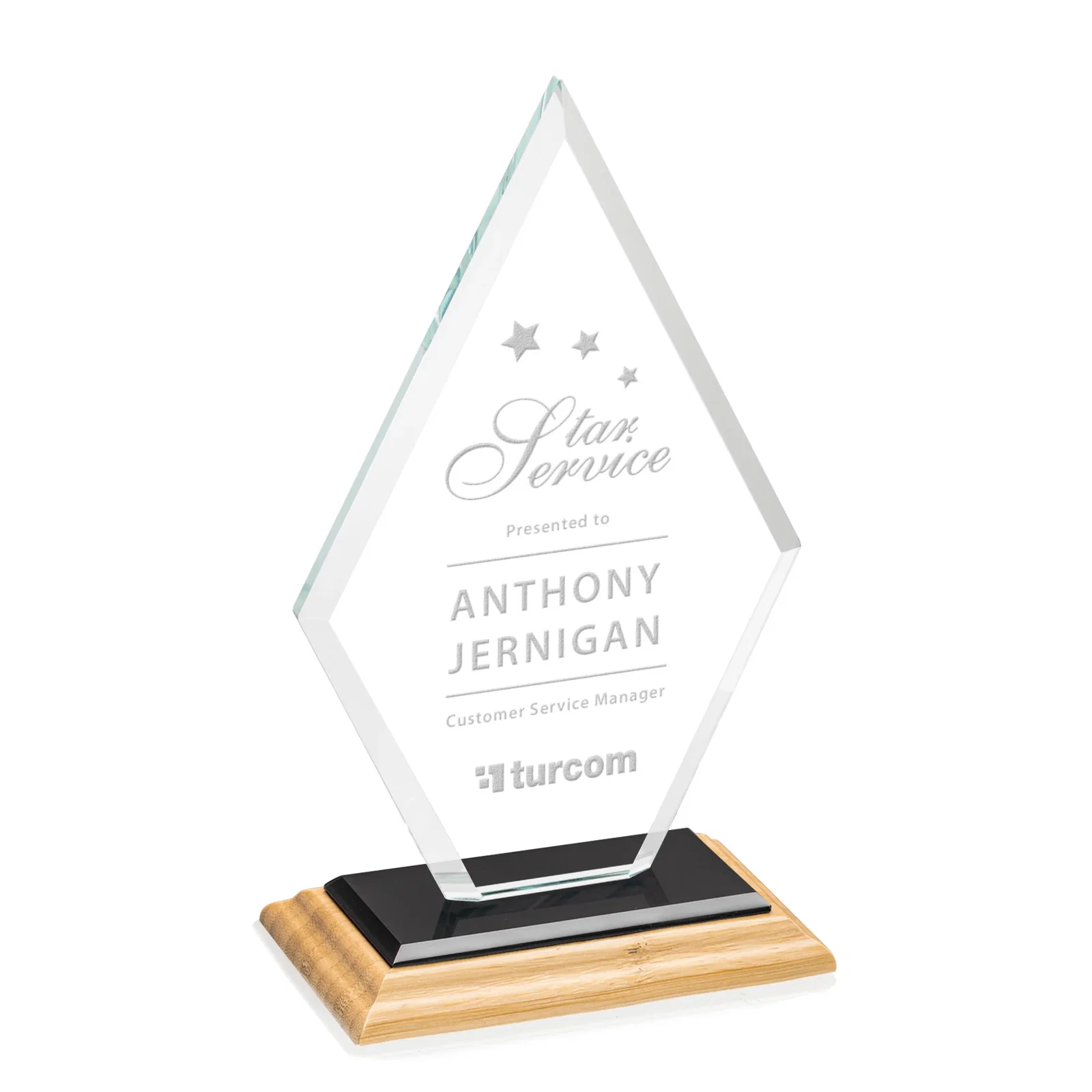 Custom engraved Starfire Crystal Diamond Award in a Beveled Frame for service anniversary gifts