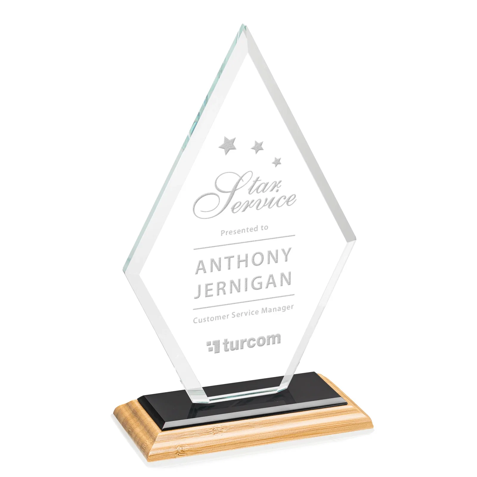 Custom engraved Starfire Crystal Diamond Award in a Beveled Frame for sales achievement awards