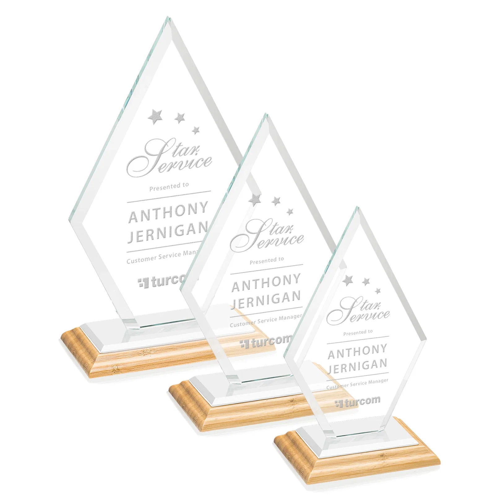 Custom engraved Starfire Crystal Diamond Award in a Beveled Frame for retirement presentations