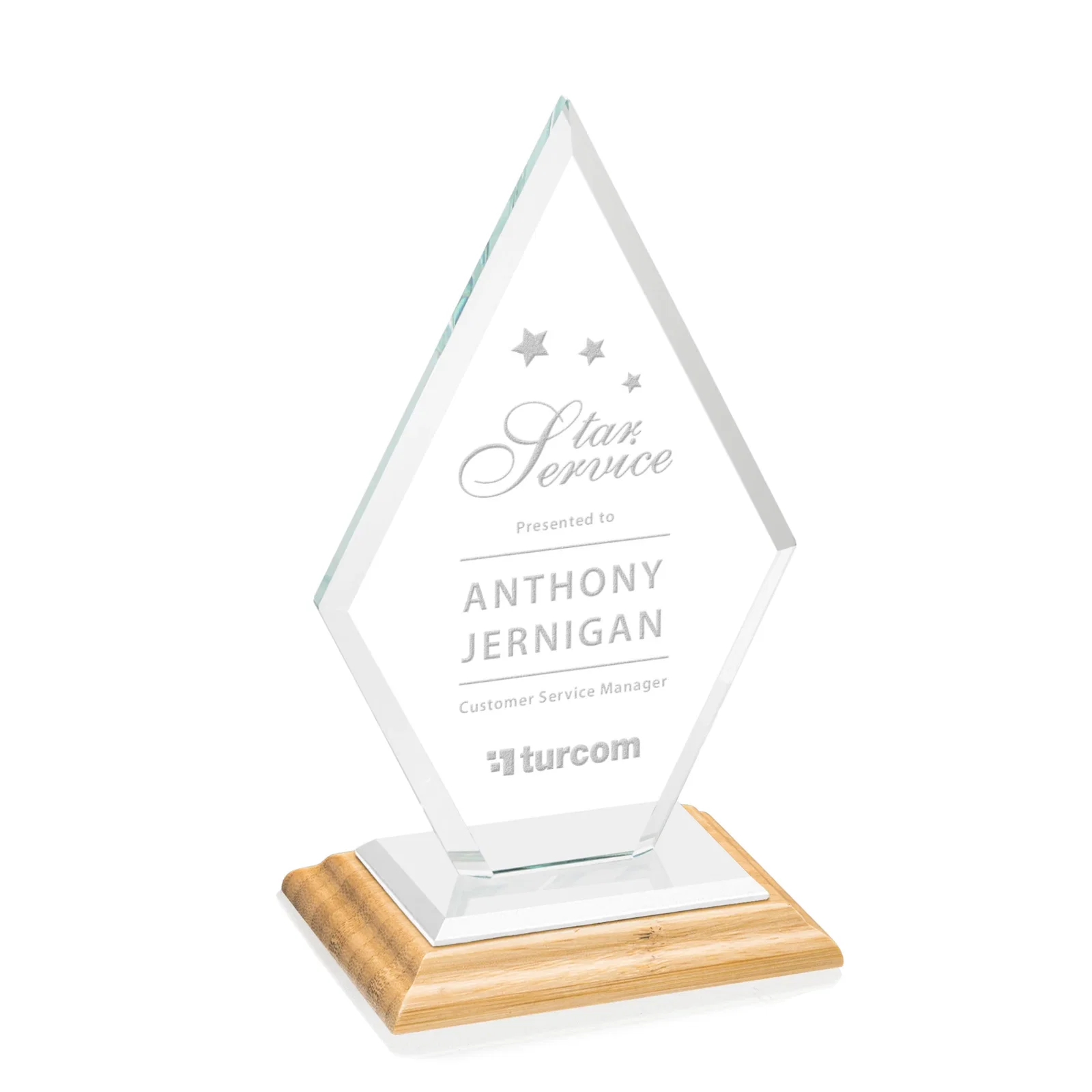 Custom engraved Starfire Crystal Diamond Award in a Beveled Frame for team milestone celebrations