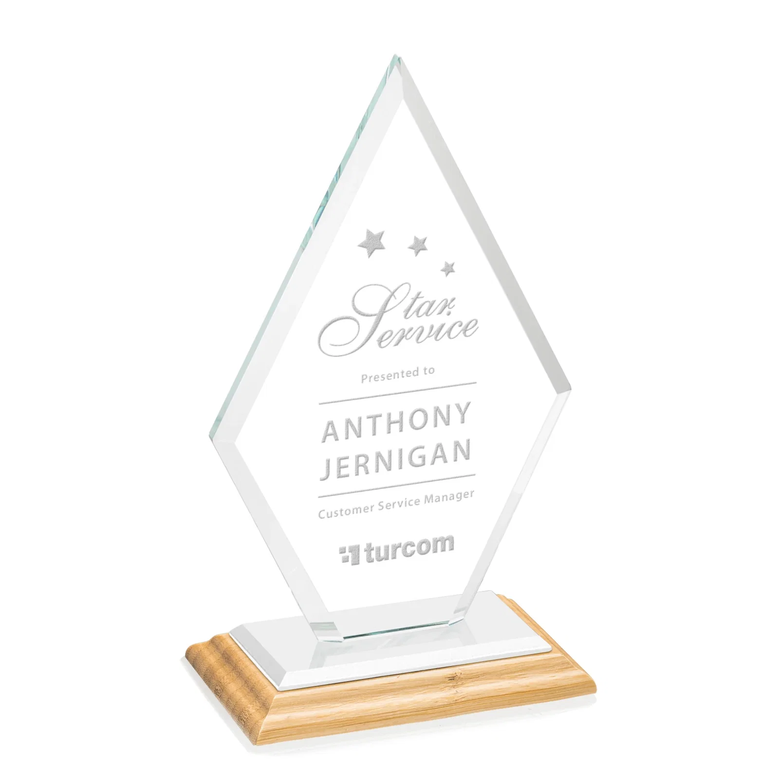 Custom engraved Starfire Crystal Diamond Award in a Beveled Frame for donor appreciation