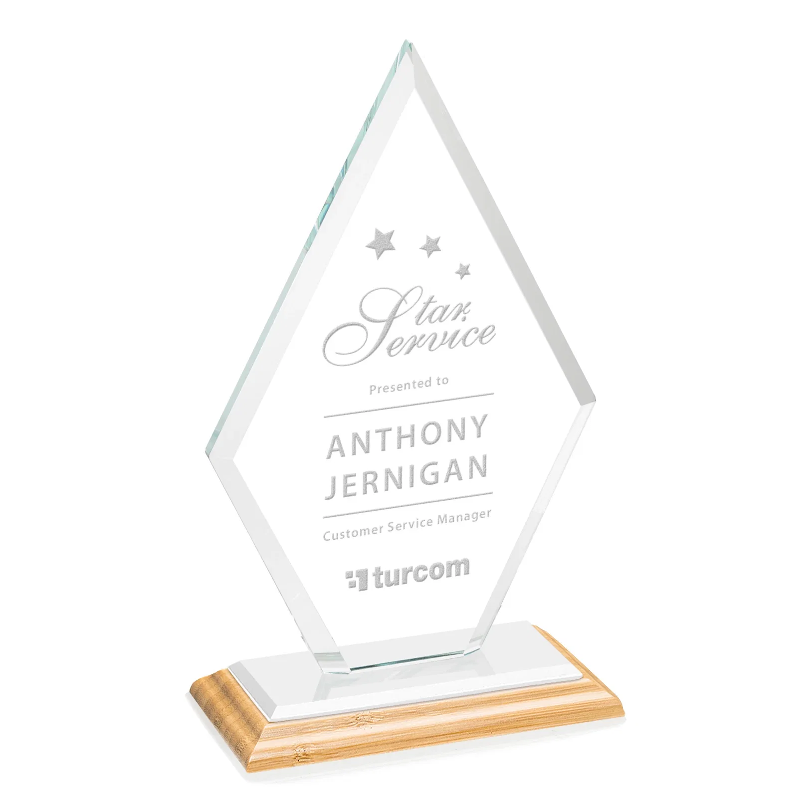 Custom engraved Starfire Crystal Diamond Award in a Beveled Frame for graduation ceremonies