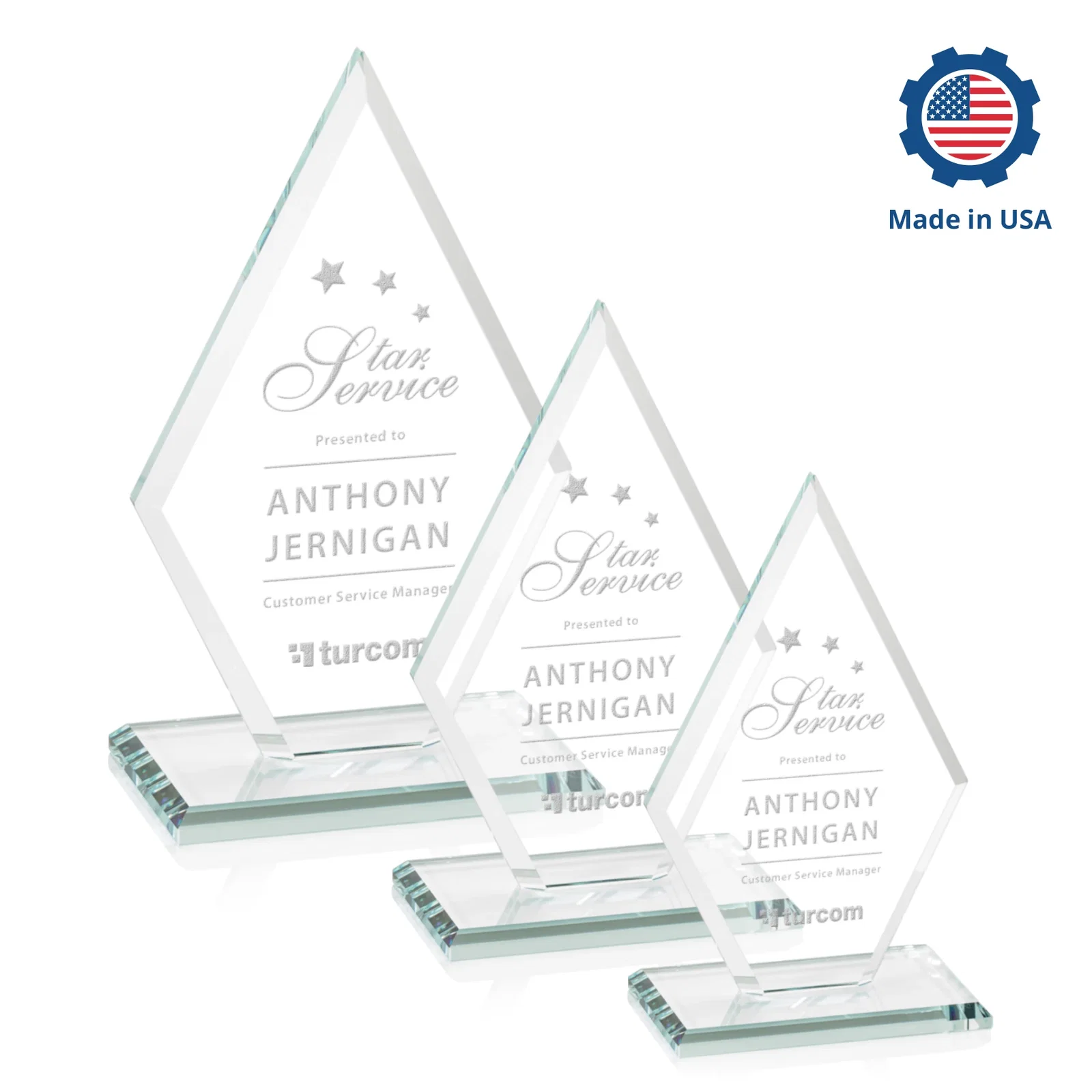 Custom Starfire Crystal Diamond Award in a Beveled Frame, with your logo for retirement presentations