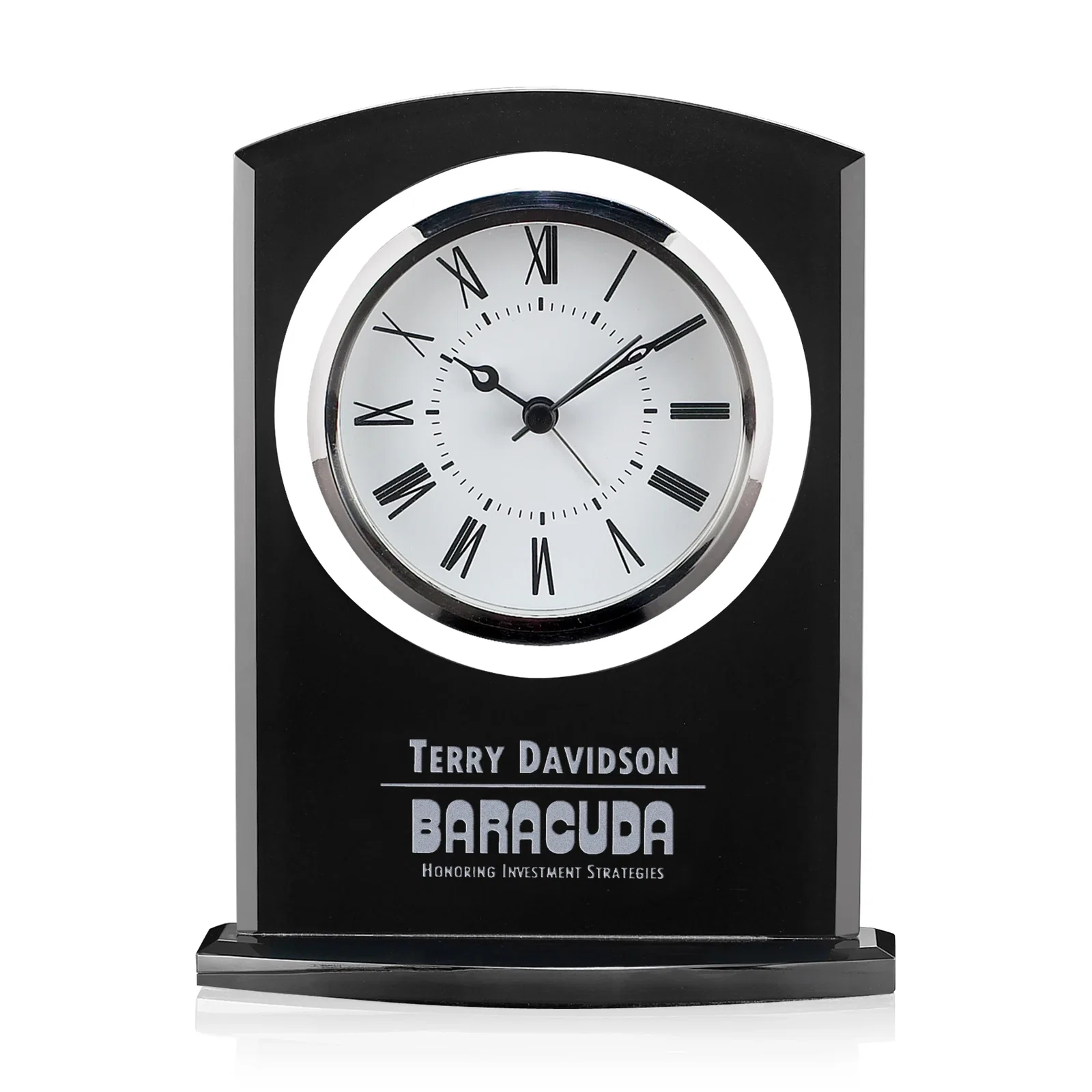 Custom Brushed Aluminum Desk Clock in Black or Silver with Chrome Accents for employee recognition