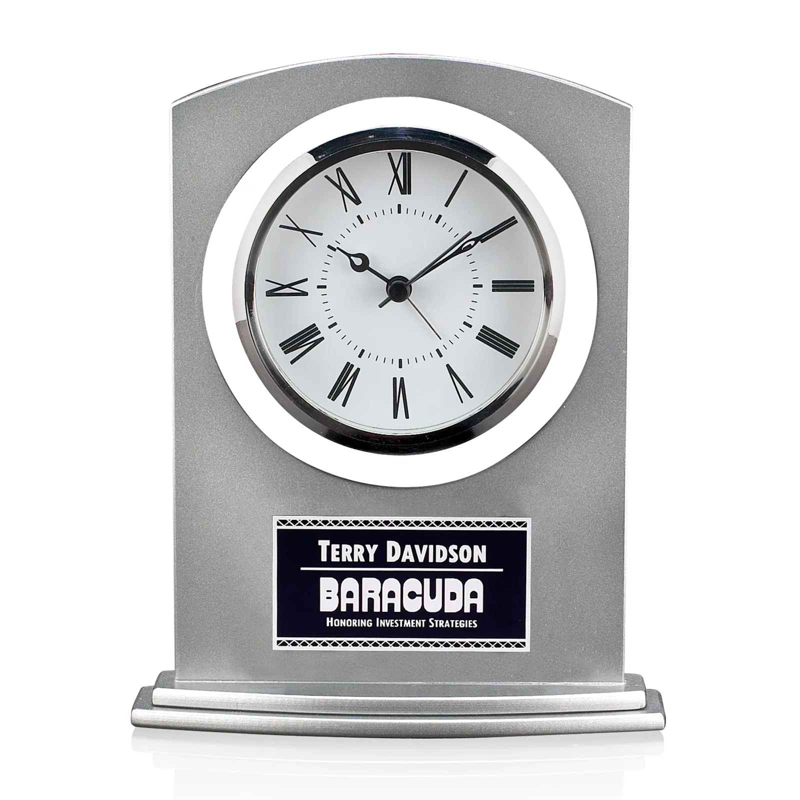 Custom Brushed Aluminum Desk Clock in Black or Silver with Chrome Accents for corporate award ceremonies