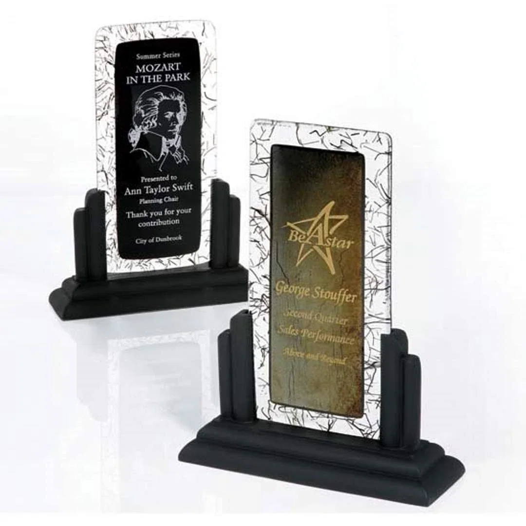 Custom Glass Stringer Award, Two Fused Glass Layers on Ebony Base for employee recognition