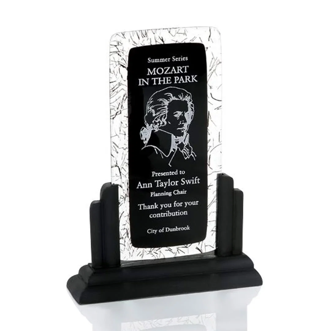 Custom Glass Stringer Award, Two Fused Glass Layers on Ebony Base for corporate award ceremonies