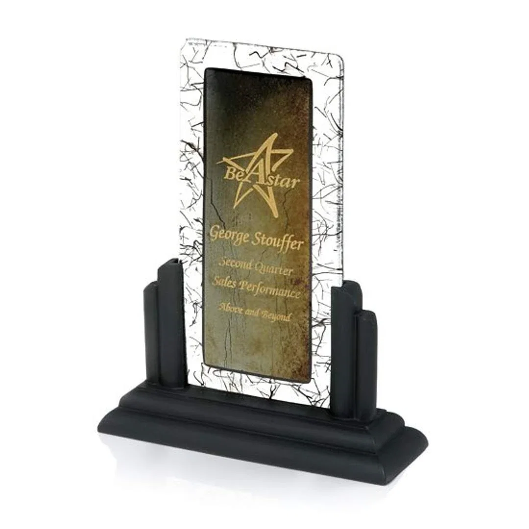 Custom Glass Stringer Award, Two Fused Glass Layers on Ebony Base for service anniversary gifts