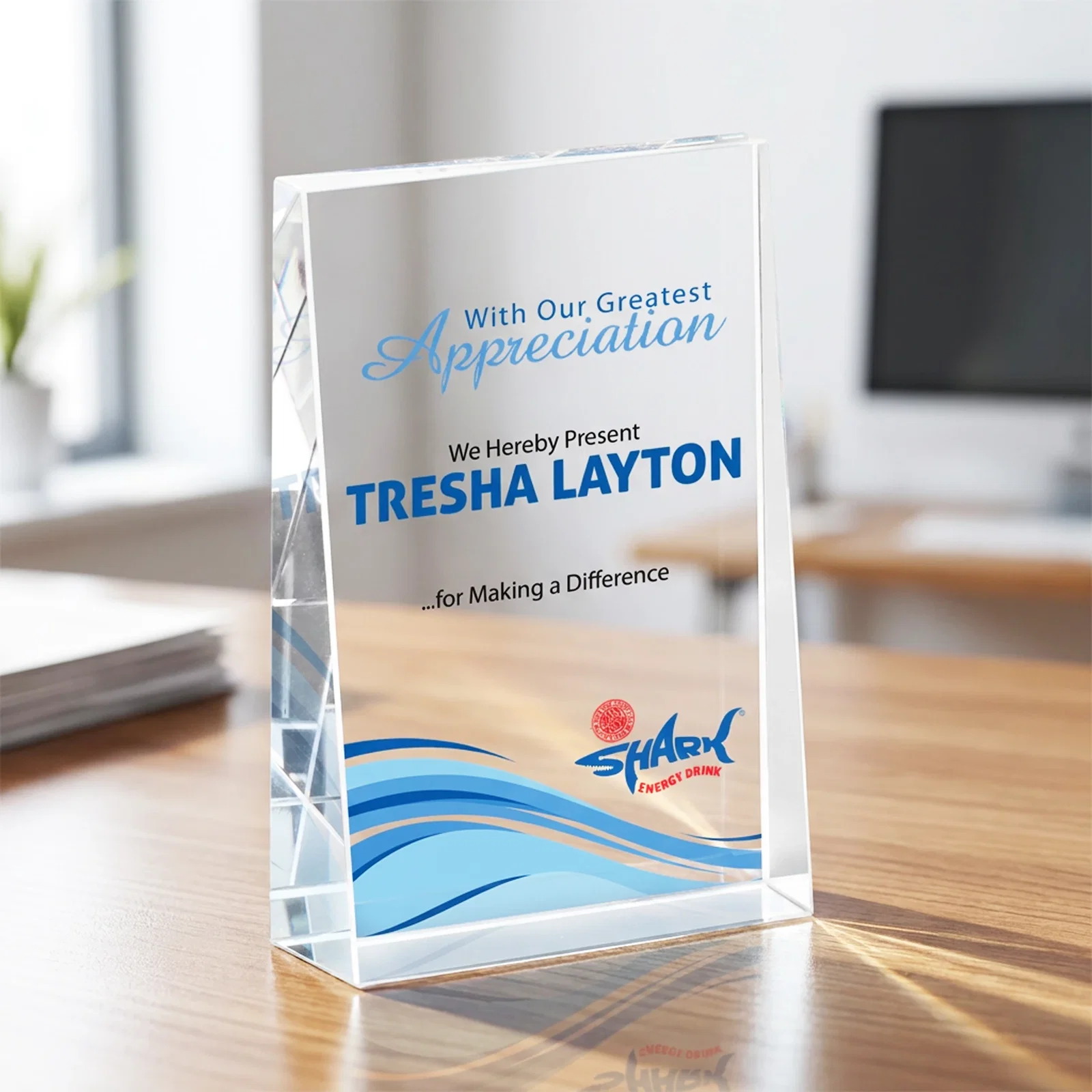 Personalized Optical Crystal Block Award, Freestanding in One Solid Piece, awards for company anniversary events