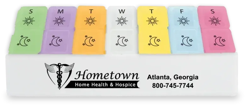 Twice-A-Day Weekly Pill Trays - Standard & Jumbo. Weekly pill tray with removable morning and night boxes for pharmacy giveaw