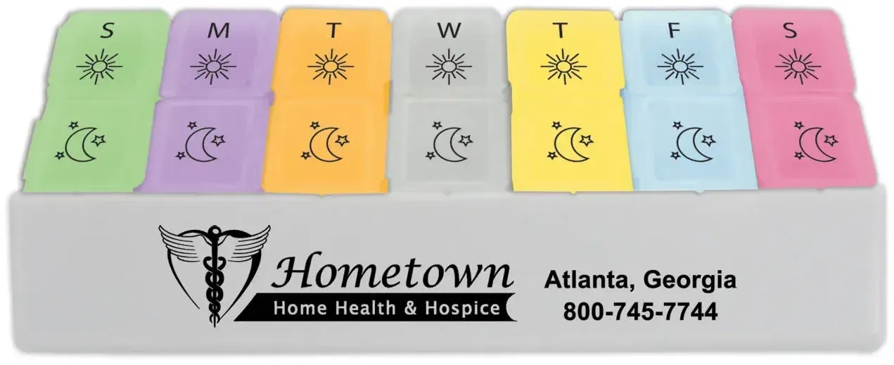 Twice-A-Day Weekly Pill Trays - Standard & Jumbo. Weekly pill tray with removable morning and night boxes for pharmacy giveaw