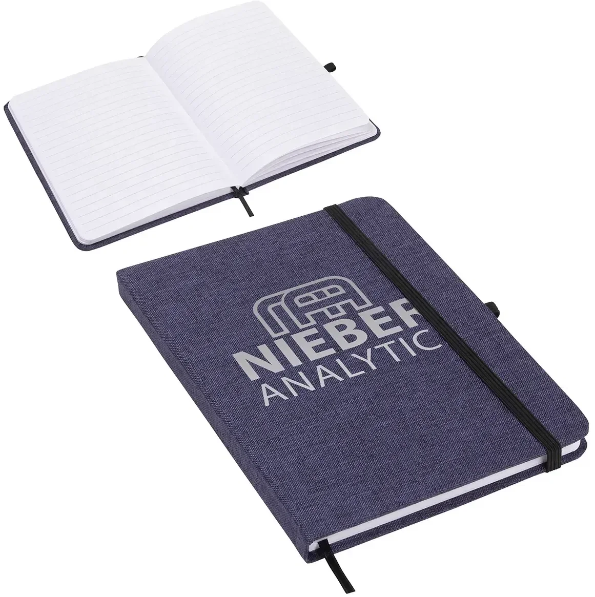 Promotional Twill heathered journal open showing lined interior pages