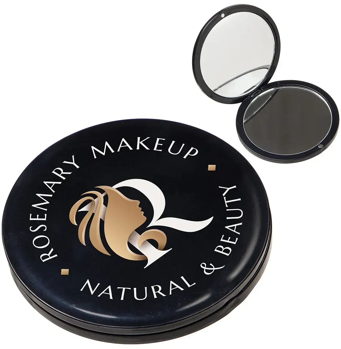 Twin View 2X magnifying compact mirror, branded custom dual mirror closed, front view