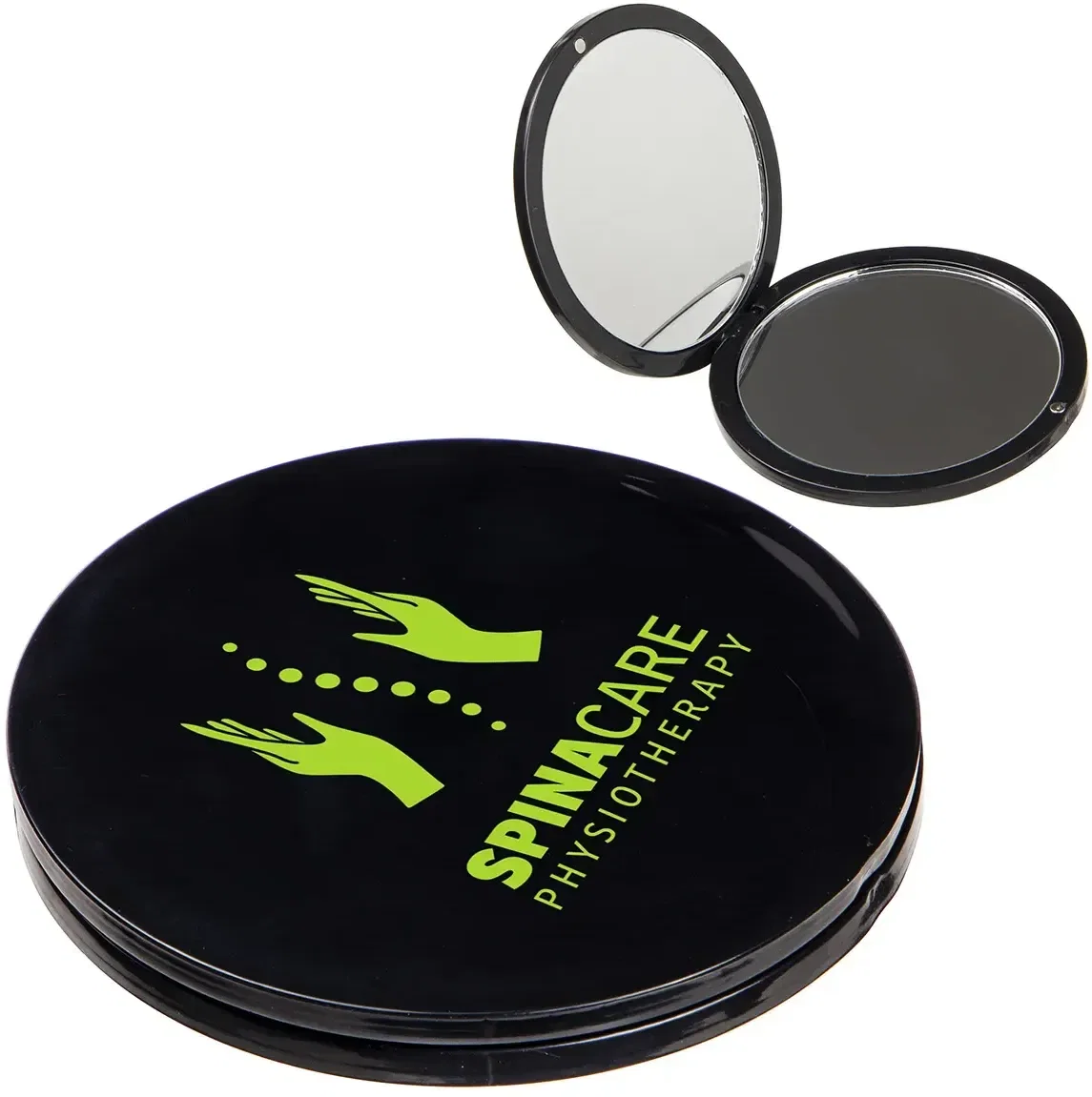 Custom Twin View compact mirror open showing standard and 2X magnifying sides