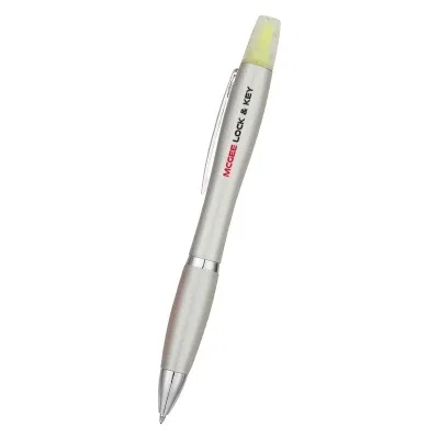 Twin-write pen with a highlighter built into the top