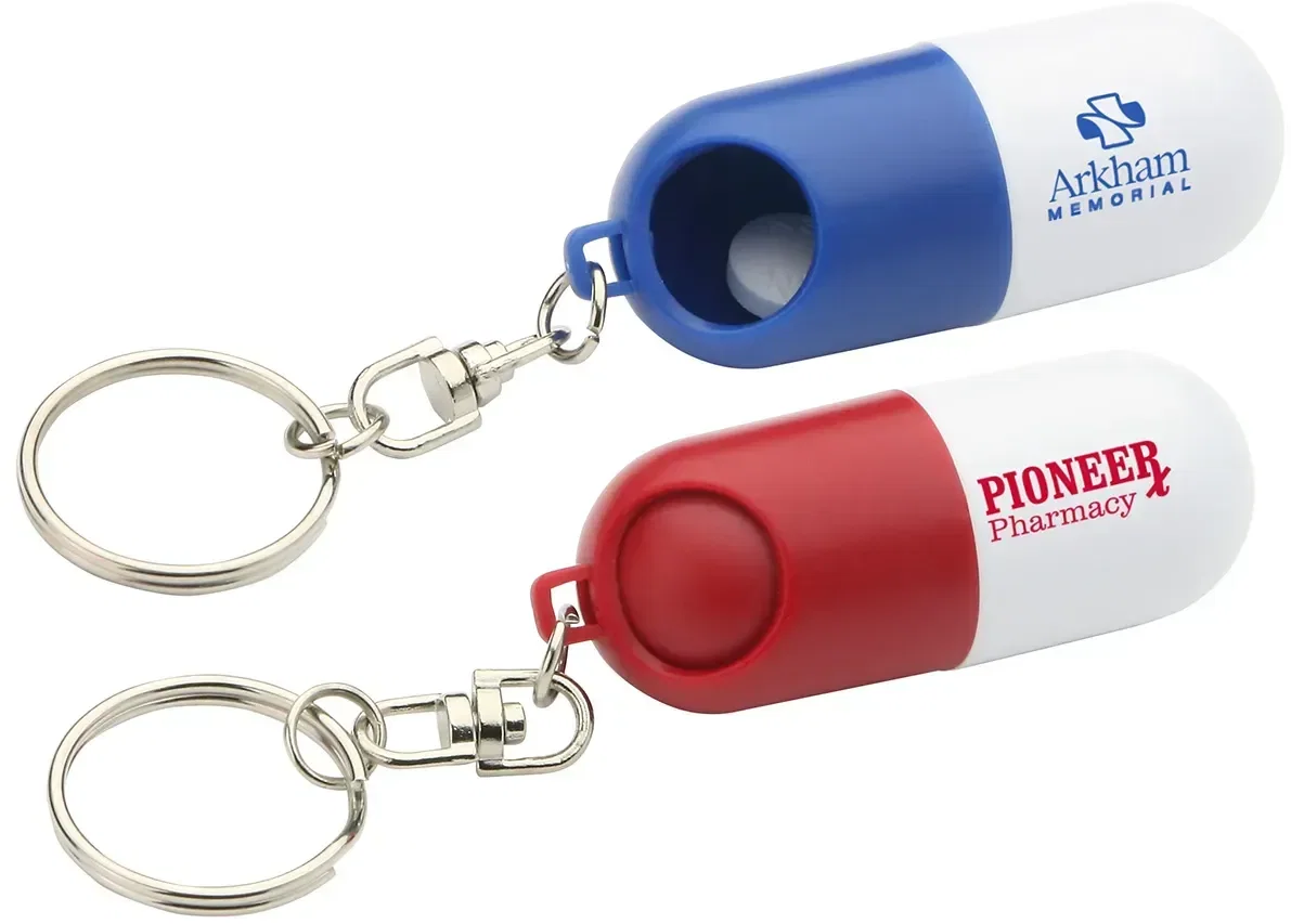 Twist-A-Pill Dispenser Key Chain, custom branded pill holder on keys