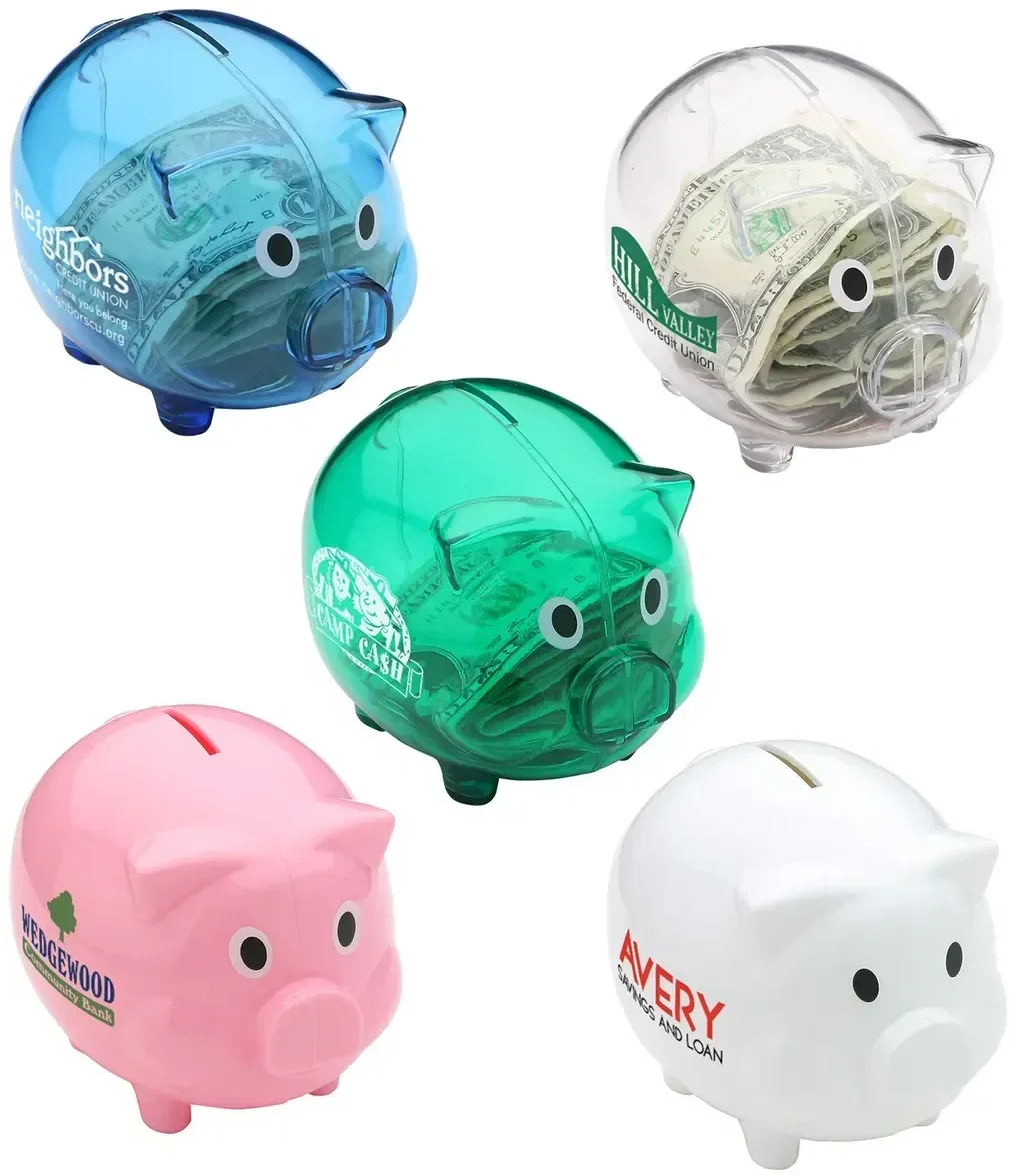 Twist-open piggy coin bank with custom logo, promotional coin bank front view