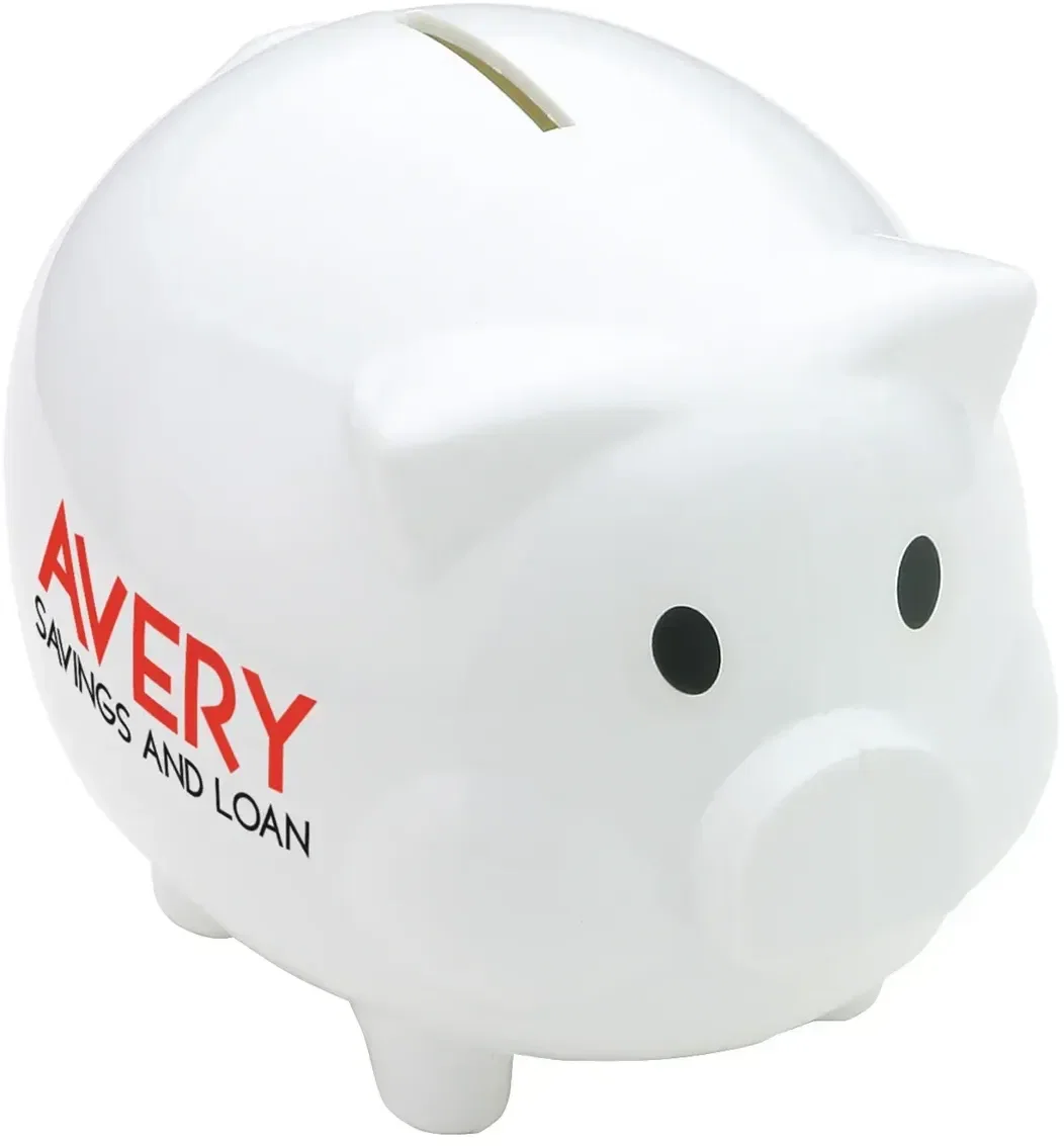 Custom branded piggy coin bank, side profile view