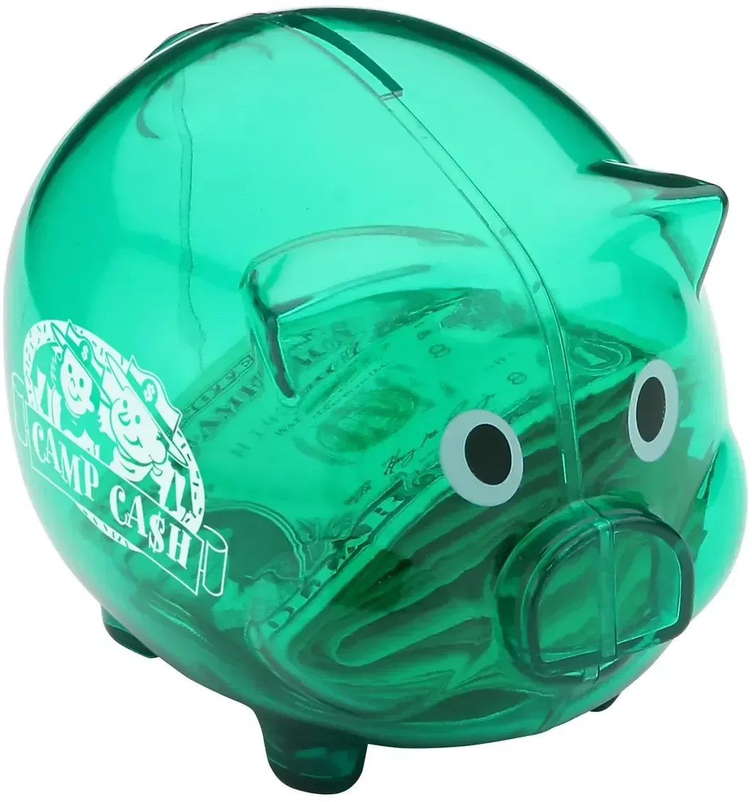 Twist-open cap on the bottom of the promotional piggy coin bank, detail view