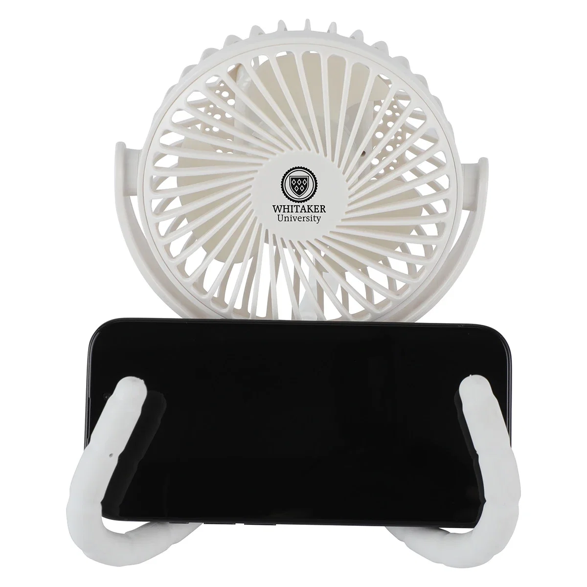 Twisty Rechargeable Portable Fan wrapped around a desk railing, promotional fan in use