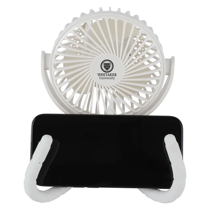 Twisty Rechargeable Portable Fan wrapped around a desk railing, promotional fan in use