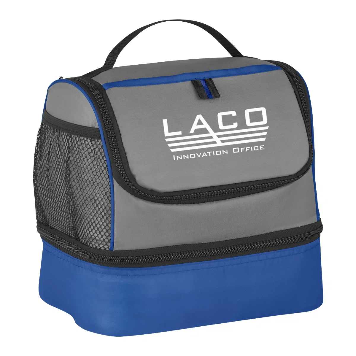 Gray lunch pail bag with two separate insulated compartments