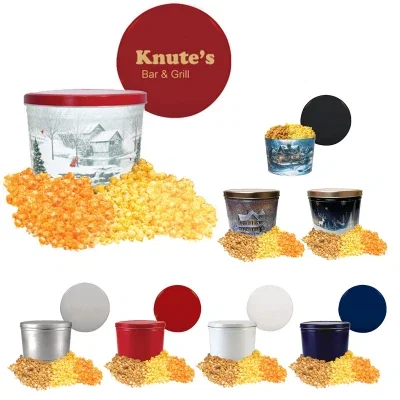 Two-gallon snack tin standing eight inches tall with lid on