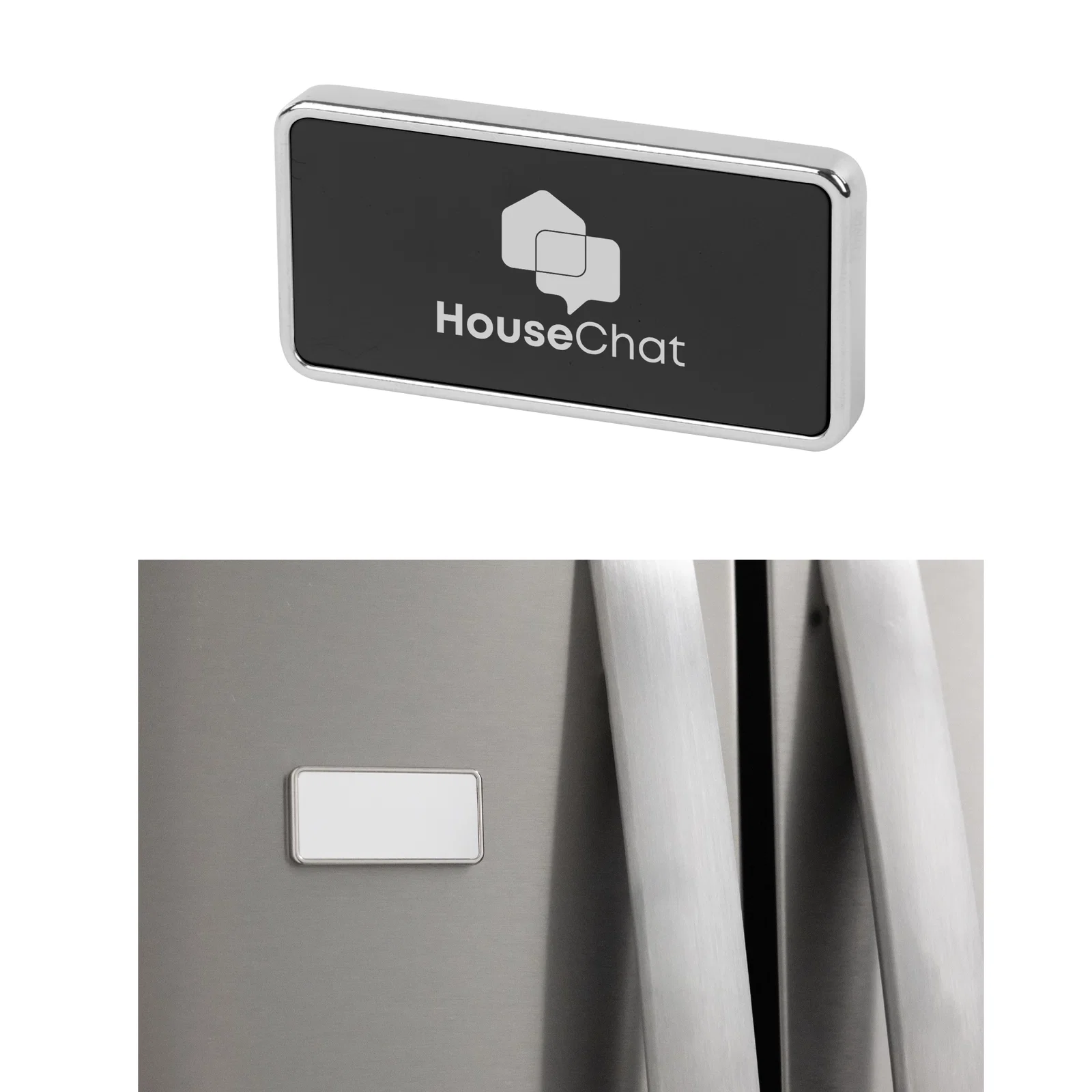 Front strip carries the imprint area on a silver face