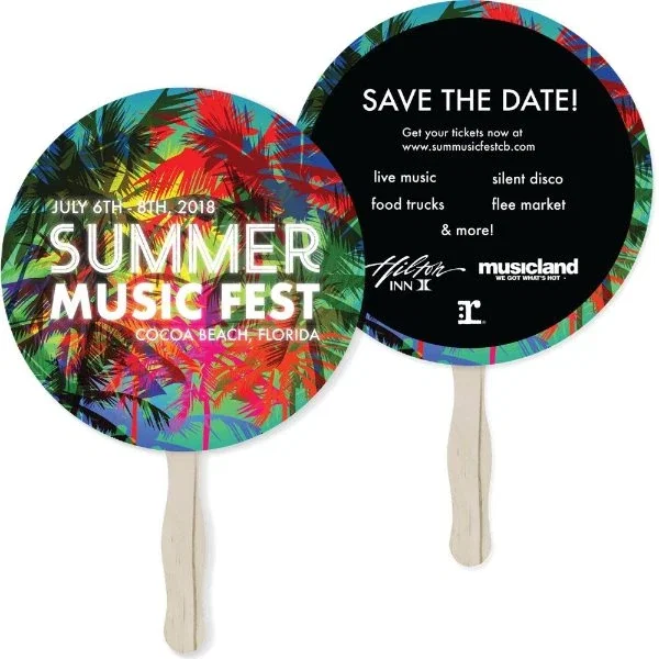 Two-sided full-color hand fan, digitally printed UV-coated 18pt board, made in USA