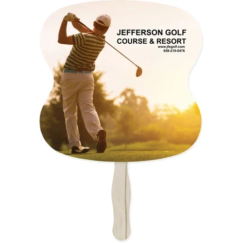 Slice hand fan angled view, two-sided full-color promotional paper fan