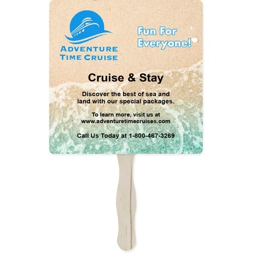 Square-shaped two-sided full-color promotional hand fan with custom artwork