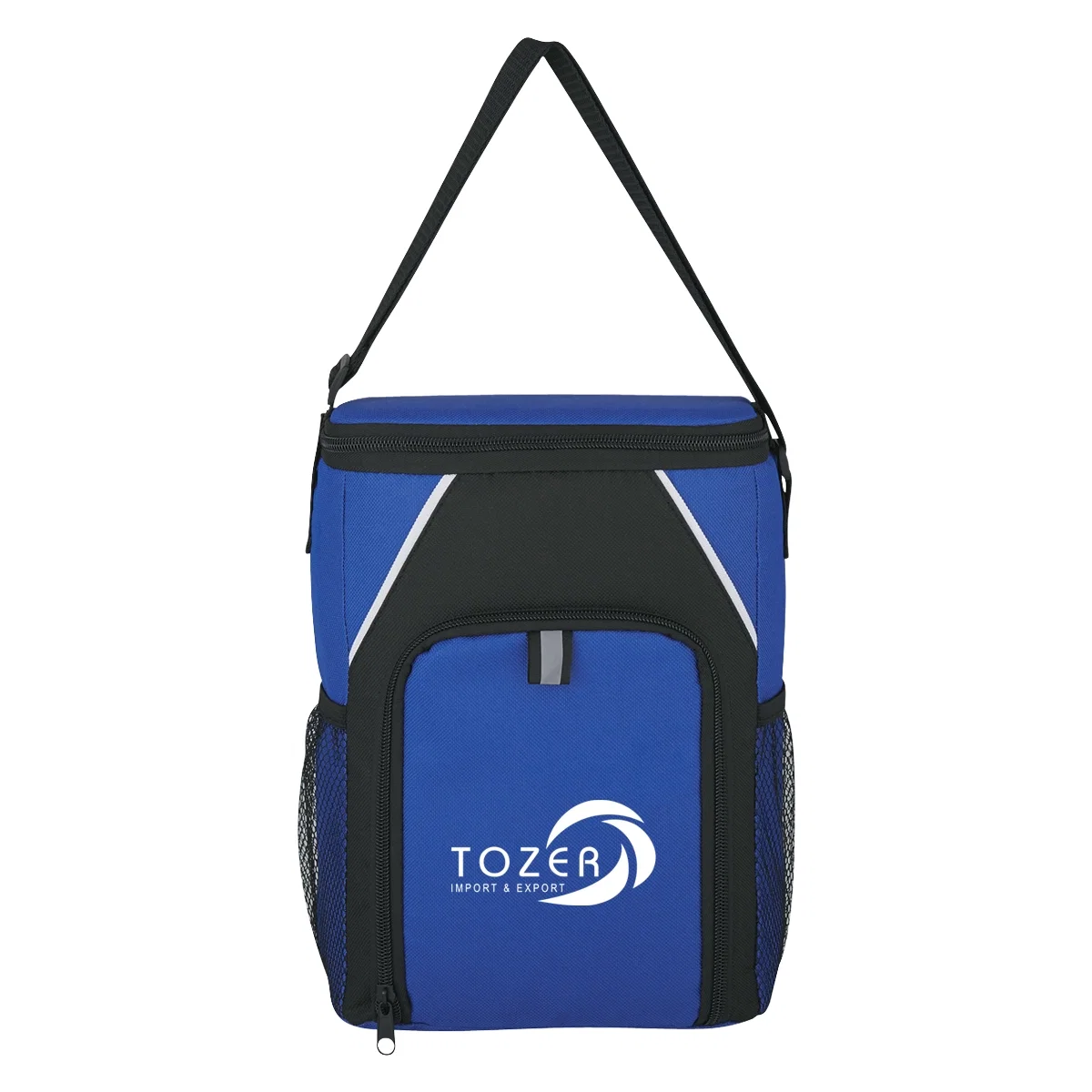 Royal blue cooler bag with black trim and carry handle