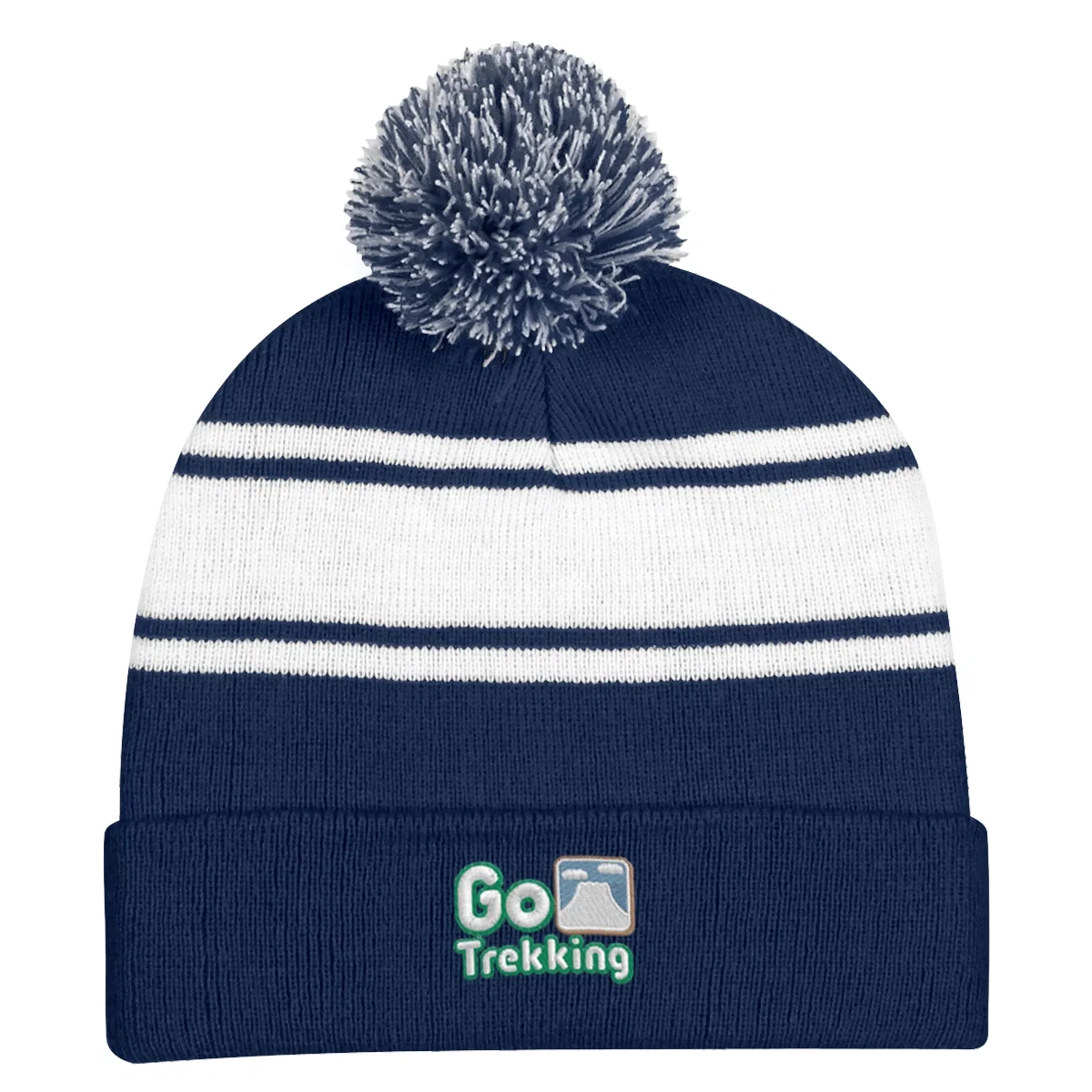 Two-tone knit beanie topped with a pom and folded cuff