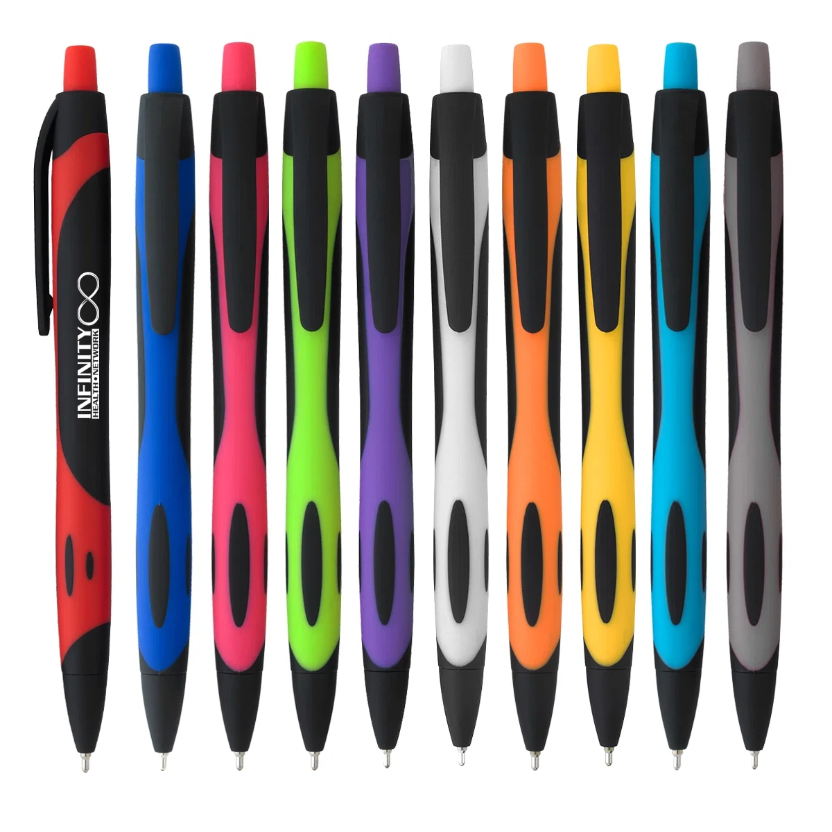 Two-tone pen with a soft rubberized finish and black ink
