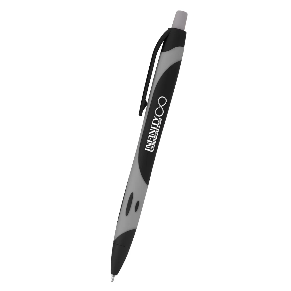Black barrel accented with gray trim near the writing tip