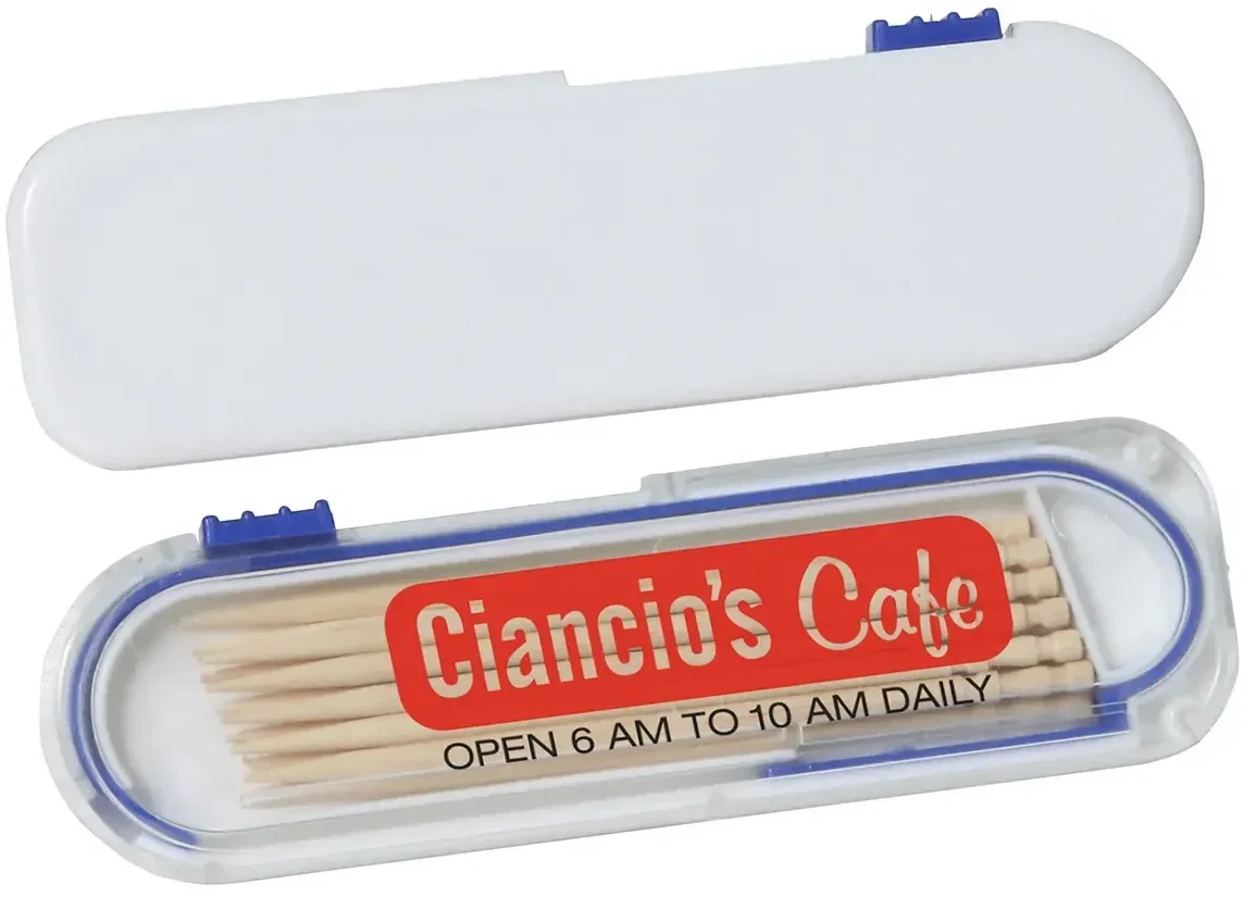 U Pick refillable toothpick dispenser, custom branded toothpick holder, hero view with logo