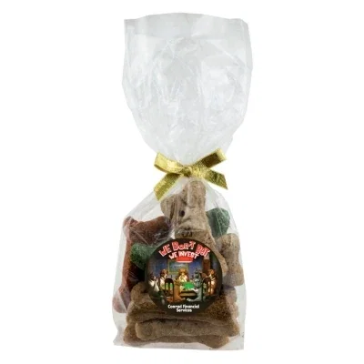 Tall narrow bag of dog treats standing six inches high