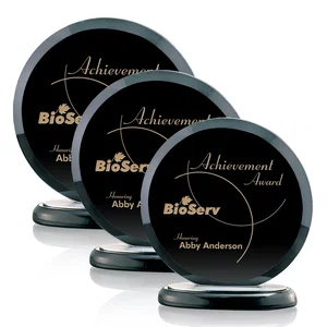Black Starfire Crystal Round Award, Wood Base with Aluminum Accents