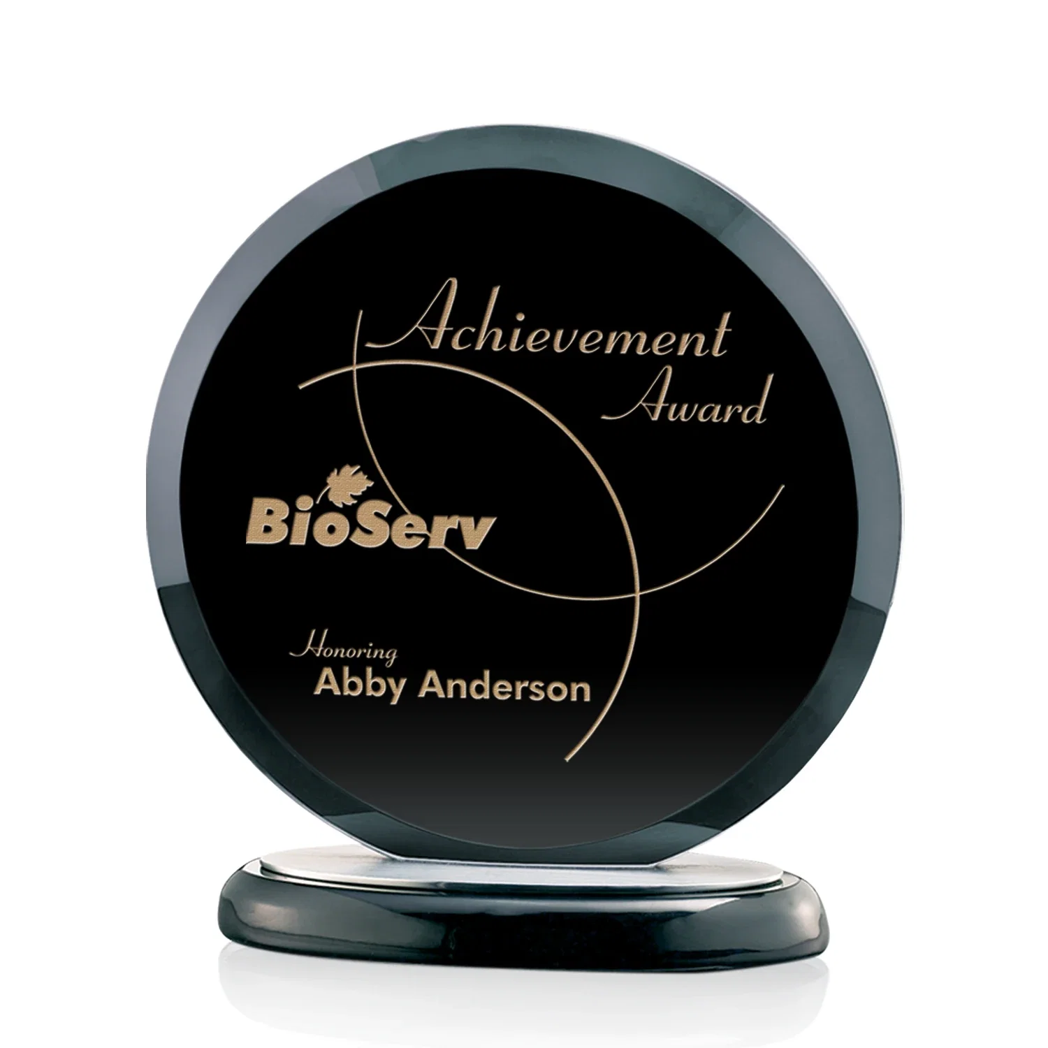 Custom Black Starfire Crystal Round Award, Wood Base with Aluminum Accents, awards for corporate award ceremonies