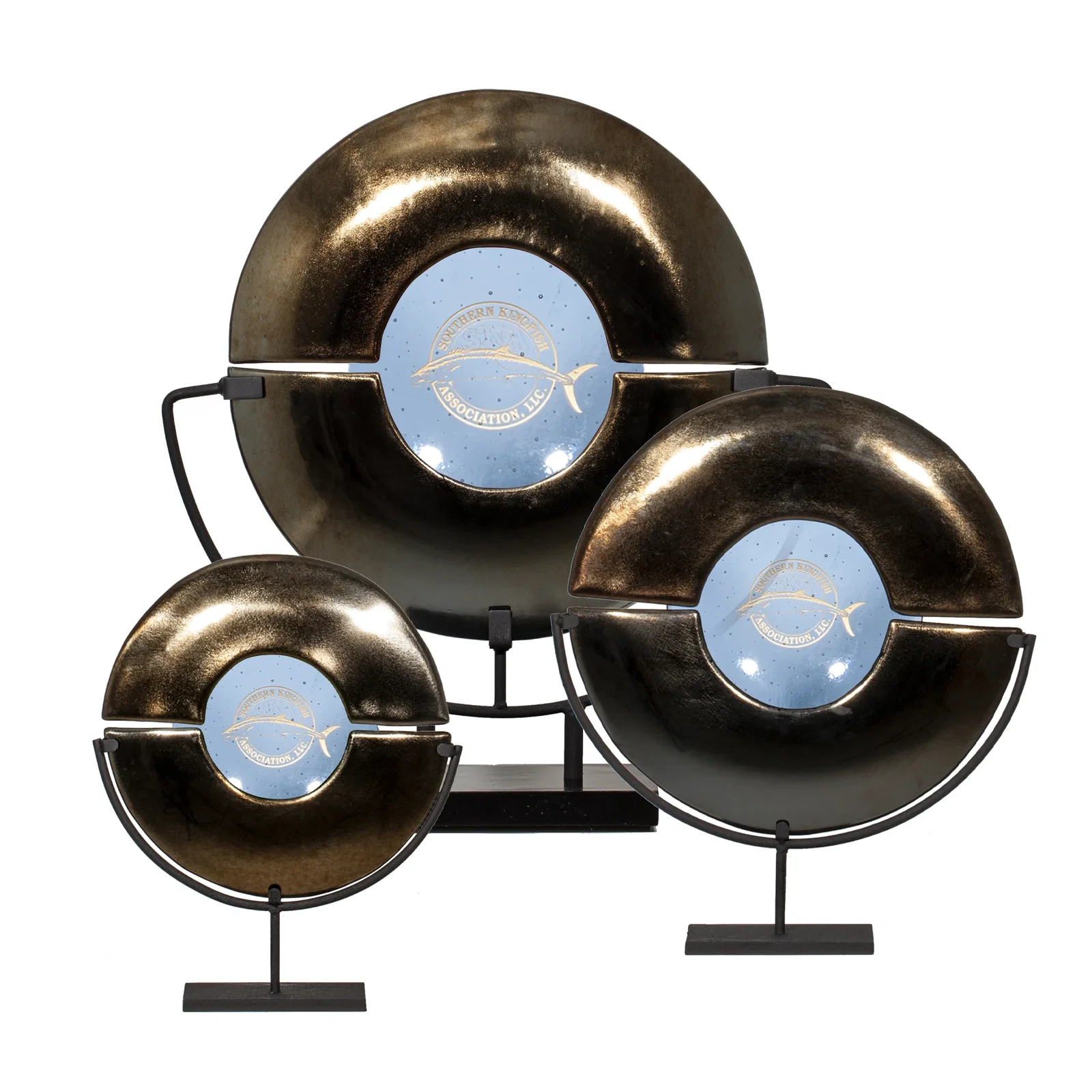 Custom Split Gold and Blue Glass Plate Award on Iron Stand, metal awards for employee recognition