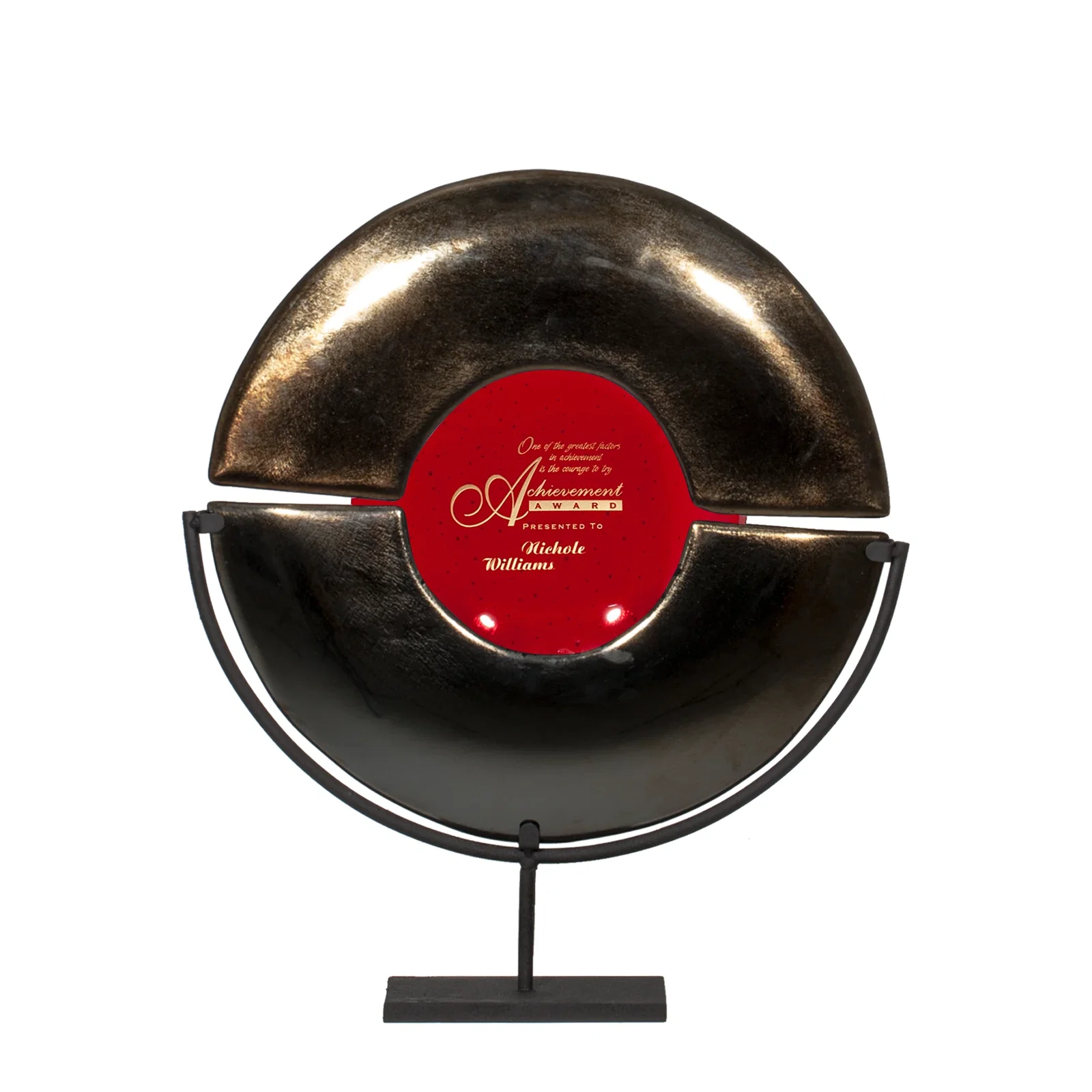 Custom Split Gold and Blue Glass Plate Award on Iron Stand, metal awards for dealer and partner awards