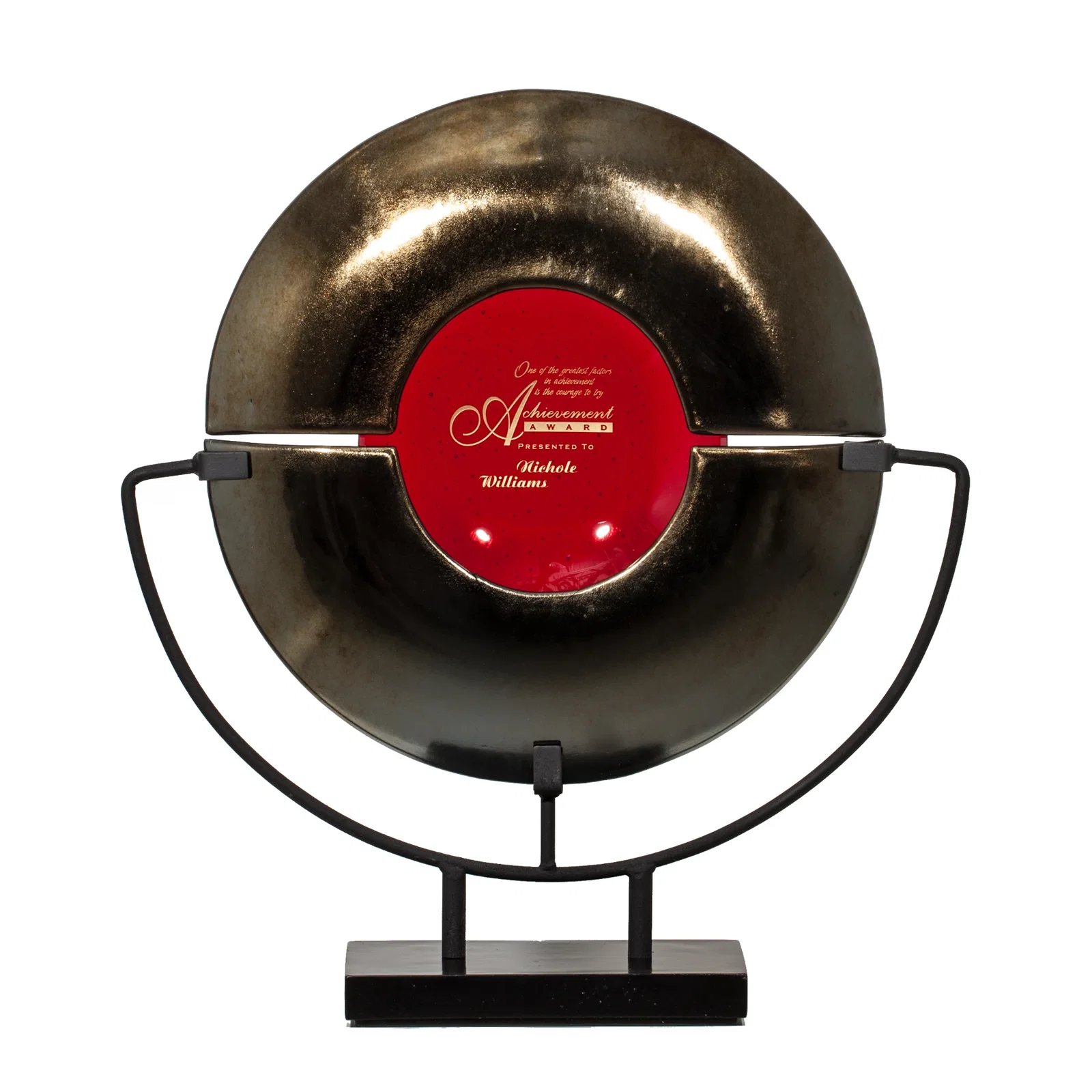Custom Split Gold and Blue Glass Plate Award on Iron Stand, metal awards for company anniversary events